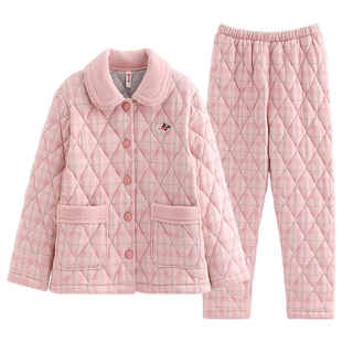 芬腾新款睡衣女秋冬三层纯棉加厚甜美日系保暖家居服冬季夹棉全棉