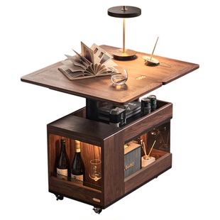 实木折叠边几升降黑胡桃木客厅沙发边柜移动小推车床头柜置物架