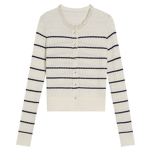 YINER音儿专选2026春季新款法式条纹钉珠装饰圆领纯羊毛针织开衫