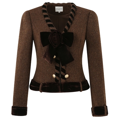 DIANAVEVINA秋冬新款羊毛咖色蝴蝶结短外套小香风毛呢外套套装
