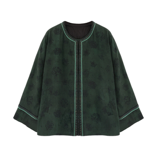 萧娘【山河满】红云纱桑波缎秋冬长袖绿色加棉外套中式上衣女5853