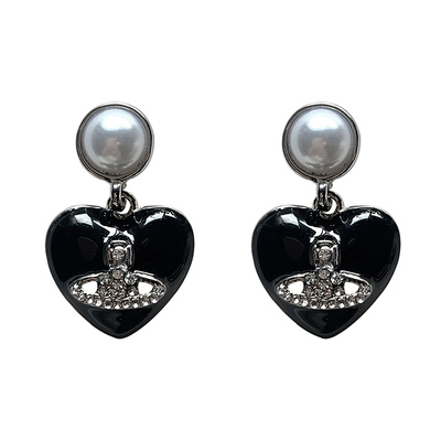 真爱~西太后黑色桃心珍珠耳环女复古轻奢高级感土星耳钉气质耳饰