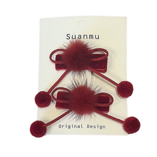 儿童蝴蝶结发夹秋冬可爱毛球侧边夹女孩公主风包布鸭嘴一字夹头饰