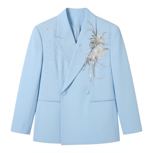 蒋敦豪明星同款蓝色西装手工亮片刺绣男舞台走秀气质休闲单西西装