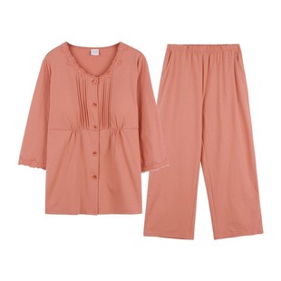 圆领纽扣开衫带胸垫针织纯棉睡衣套装女士夏季七分袖九分裤家居服