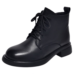 真皮平跟圆头马丁靴女2025年新款秋冬小短靴软皮复古英伦风女靴