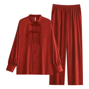 睡衣女士春秋季冰丝长袖家居服丝绸仿真丝本命年大红色马年新中式