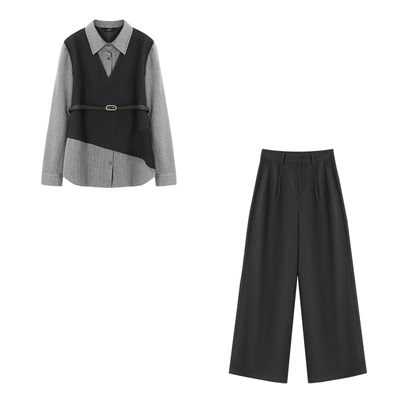 XWI欣未轻职场通勤条纹衬衫领假两件套装女春正式场合穿搭一整套