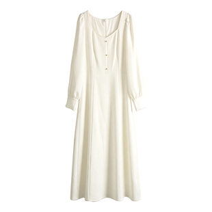 白色方领长袖连衣裙女2026年春季新款温柔韩系气质显瘦宴会礼服裙