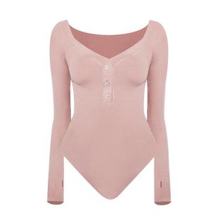 AUMNIE澳弥尼罗纹长袖连体衣女V领露肩背修身运动健身瑜伽服夏款