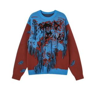 INXX APYD 设计感撞色圆领套头毛衣男时尚破洞流苏挂线针织衫