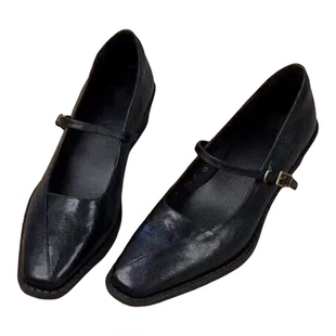 羊皮版~复古真皮方头玛丽珍鞋女一字带简约粗跟通勤不累脚小皮鞋