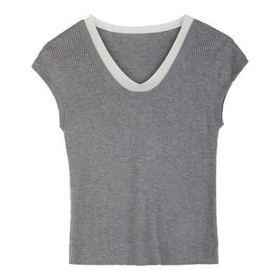 sdeer罗纹V领撞色拼接修身针织衫