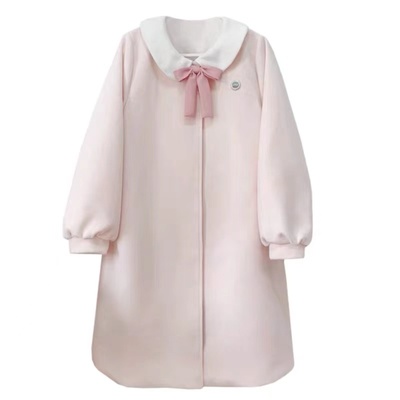 蝴蝶结娃娃领毛呢中长款外套