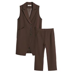 洋气时尚春秋女时尚欧货马甲套装宽松大码中长西装马夹裤子两件套