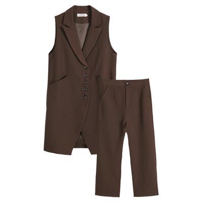 洋气时尚春秋女时尚欧货马甲套装宽松大码中长西装马夹裤子两件套