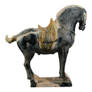唐三彩雕刻黑战马摆件手工马到成功家居中式仿古老货瓷器古玩收藏