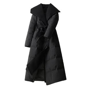 BXV黑色羊毛大翻领羽绒服女中长款2025冬季简约肌理感羽绒外套潮