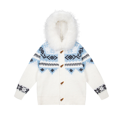 SREK拆卸毛领连帽费尔岛毛衣外套女秋冬新款宽松加厚情侣针织开衫