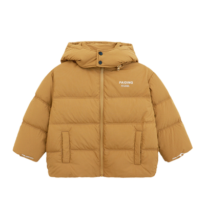 派町童装男童羽绒服2025新款儿童细格连帽外套冬装中大童保暖洋气