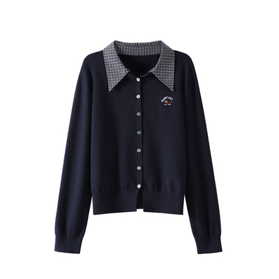 OSA欧莎格子翻领假两件针织衫女2025年冬季新款高智MIU风毛衫上衣