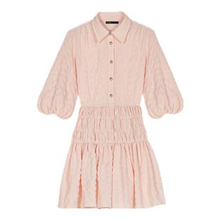 Maje新年穿搭2025春夏女装甜美粉色灯笼半袖短款收腰百褶连衣裙