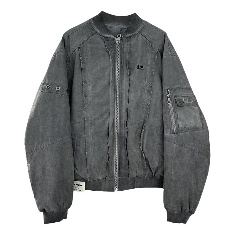 潮牌冬季棒球领羽绒服男日系复古水洗做旧毛边宽松青年保暖羽绒衣