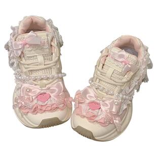 pinkyo原创蕾丝蝴蝶结珍珠缎带可爱甜美厚底老爹鞋增高休闲运动鞋