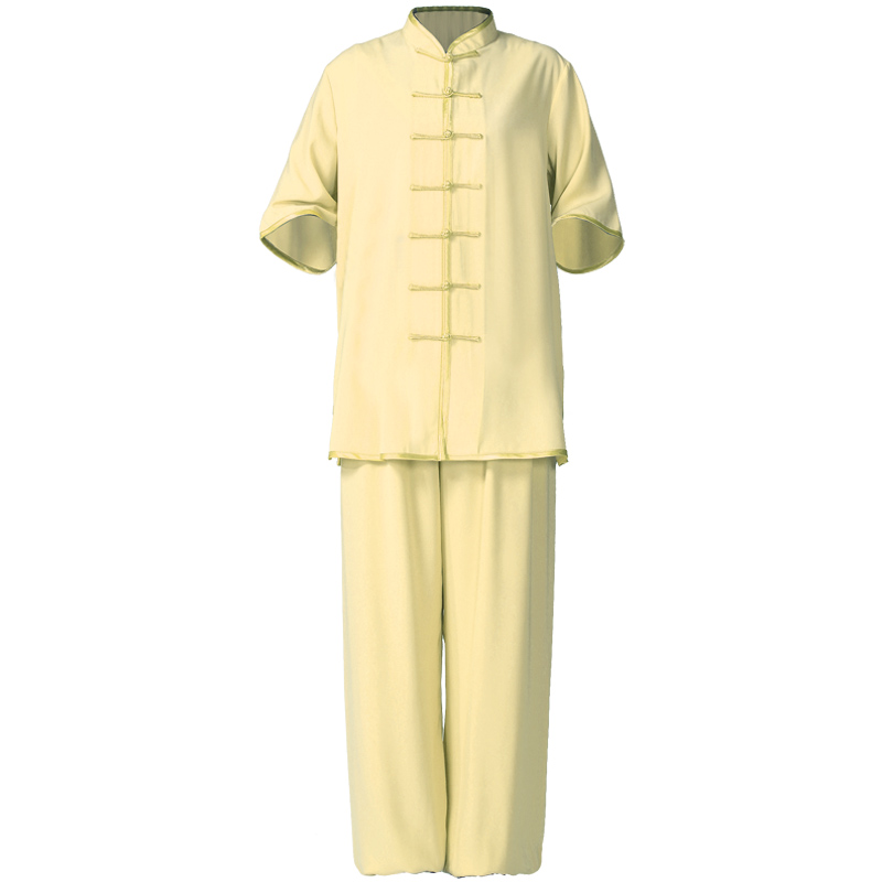 夏季棉加絲中袖太極服女練功服中老年男款矮領(lǐng)短袖太極拳武術(shù)服裝