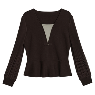 YINER音儿女装春季美丽诺羊毛蚕丝混纺撞色假两件灯笼袖针织衫