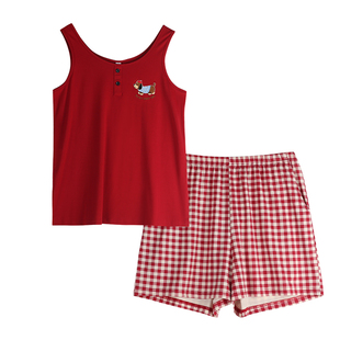 轩靓睡衣女夏季薄款莫代尔棉无袖背心短裤红色2026新款家居服套装