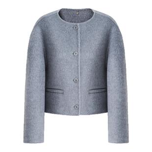 SeRinaBlue2026春季新款圆领气质100%羊毛大衣短款女士双面呢外套