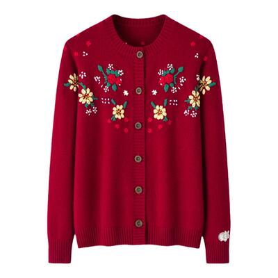 阿绒源100山羊绒手绣女开衫毛衣