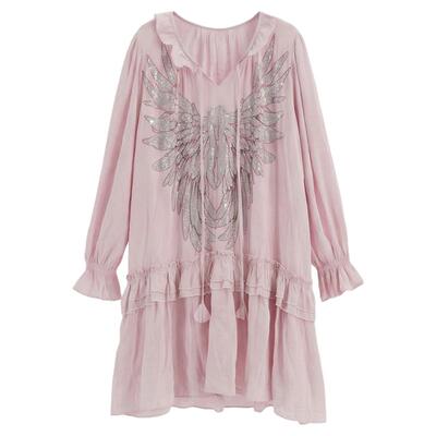 TCH烫钻荷叶边粉色中长款连衣裙女2026年春夏新款裙子T78A30E1049