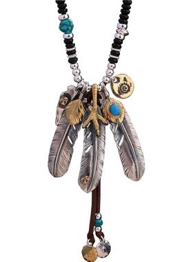 手工银高桥风格羽毛项链男明星同款复古毛衣链男女个性