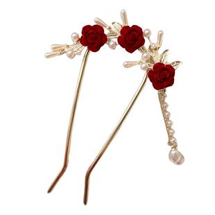 新年新中式玫瑰U型发簪后脑勺盘发簪子新娘结婚订婚发饰流苏发钗