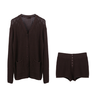 DeesseSicile 巧克力色华夫格两件套镂空针织休闲开衫短裤套装女