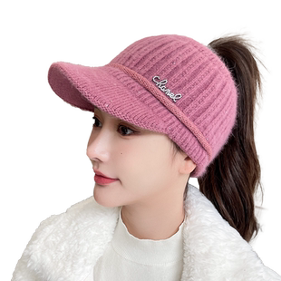 帽子女冬季韩版潮时尚百搭针织护耳鸭舌帽加绒保暖空顶跑步毛线帽