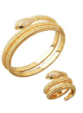 欧美爆款密言小金珠双层蛇形手镯戒指铜镀金弹性开口手环指环饰品