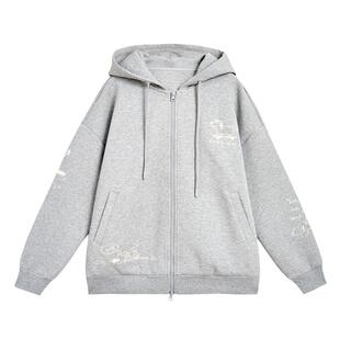 紫涵连帽灰色卫衣外套女士秋季新款户外休闲绣花宽松显瘦拉链开衫