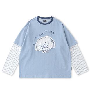 LAMLICKA周深同款蓝色长袖T恤女卡通小狗撞色假两件圆领情侣上衣