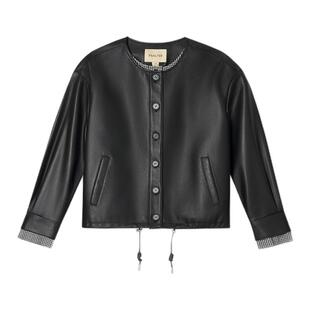 诗篇专选复古格纹拼接减龄休闲圆领皮衣女夹克2025冬款