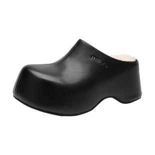 MILLIE'S/妙丽黑色皮面半包女鞋厚底懒人鞋舒适不累脚包头半拖鞋Z