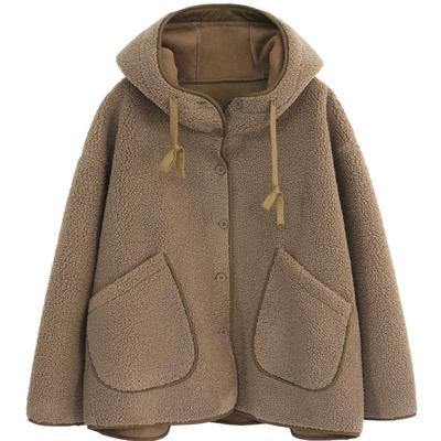 连帽羊羔毛夹克加厚保暖大口袋女