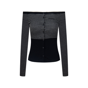 辣到中暑美式复古辣妹条纹拼接多纽扣一字肩t恤修身性感短款上衣