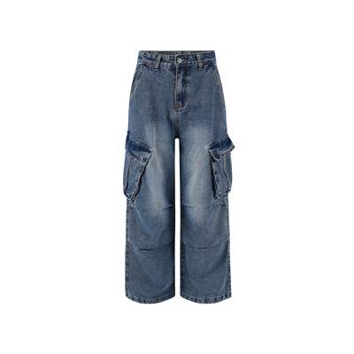 AWRB复古工装牛仔裤男秋季美式褶皱多口袋长裤直筒宽松阔腿裤