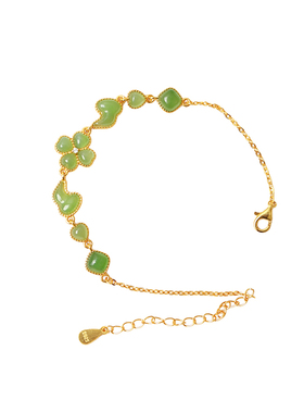 天然和田玉碧玉纯银镶嵌葫芦四叶草款手链 女款玉石镶嵌款饰品