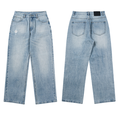NO LOGO2021M闪电裂纹冰蓝色微喇水洗牛仔裤男秋季宽松cleanfit