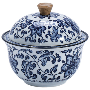 青花复古陶瓷烟灰缸带盖子办公室防飞灰防自燃烟灰桶防风雪茄烟缸