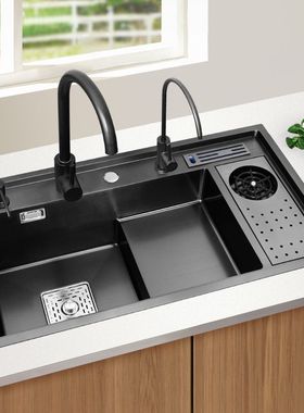 黑色304不锈钢洗菜盆厨房阶梯式高压洗杯器水槽大单槽台下盆水池